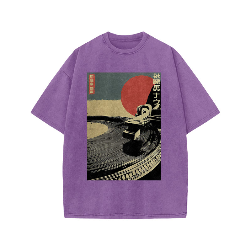 Japanese Vintage Turntable Art Print Acid Washed T-shirt - Purple - US20-22(3XL) - image 9
