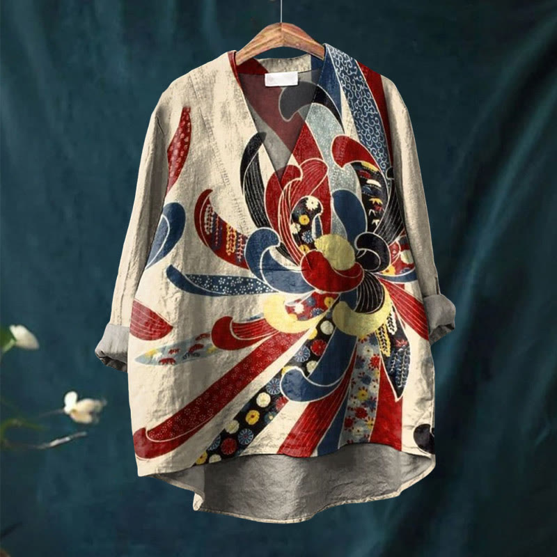 Women's Creative Colorful Flower Pattern Printed Casual V-neck Blouse - image 2