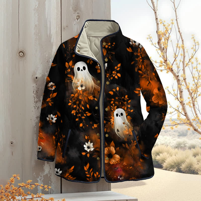 Ghost In The Flowers Halloween Print Outerwear Jackets - Orange - 4XL - image 3