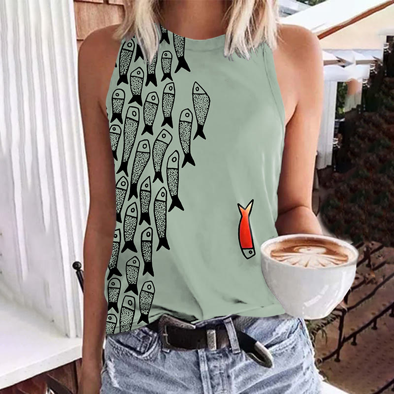 Cute Simple Lines Abstract Geometric Fish Art Print Crew Neck Tank Top - Light Green - 5XL - image 3