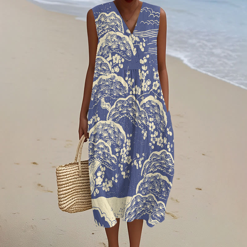 Japanese Art Plum Blossom Art Print V-neck Sleeveless Dress - Blue - 5XL - image 4