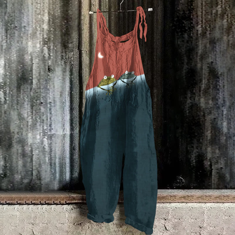 Simple Frog Color Block Print Casual Jumpsuit 