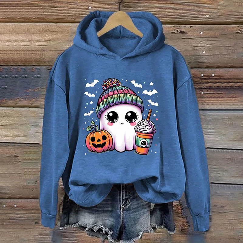 Dashingsoul Cute Ghost Coffee Halloween Print Casual Long Sleeve Hoodie
