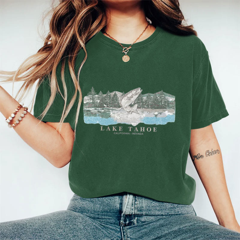 100% Cotton Vintage Lake Tahoe Fish T-shirt - Green - 2XL - image 5