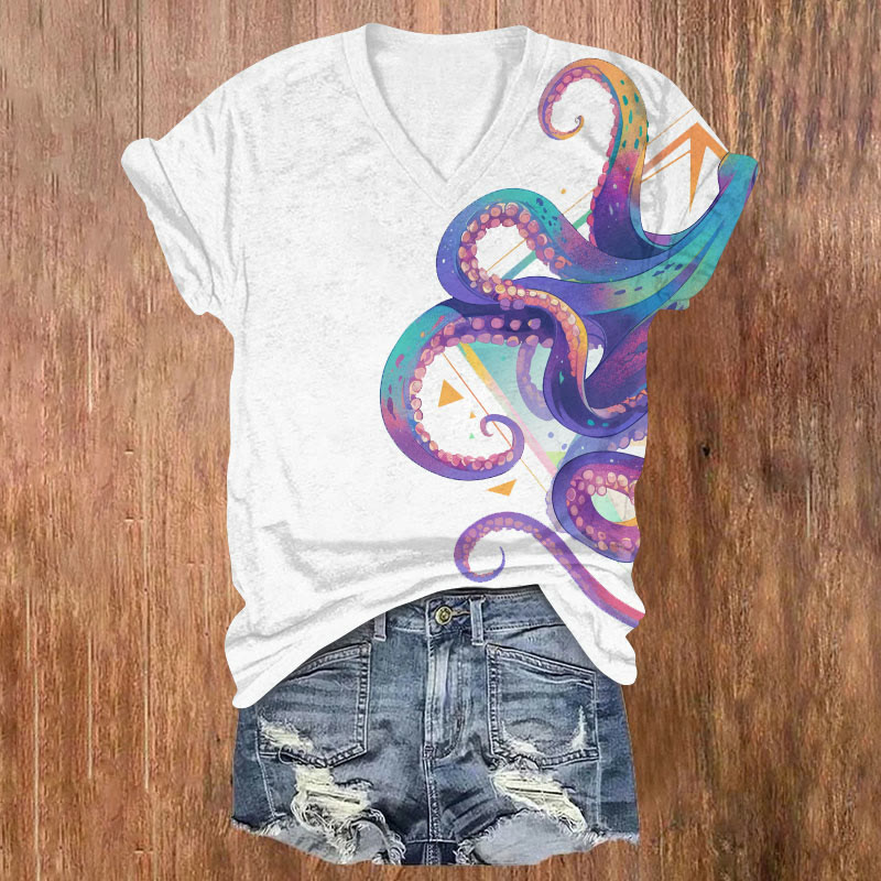 Watercolor Ombre Rainbow Octopus Art Print V-neck T-shirt - White - US32-34(5XL) - image 3