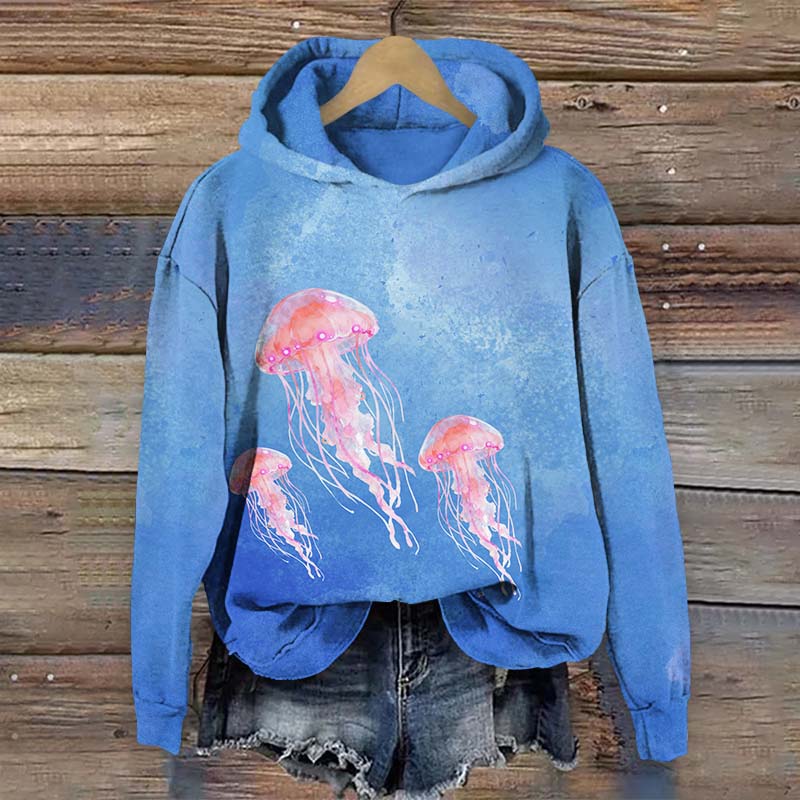 Lovely Dancing Jellyfish Art Print Long Sleeve Hoodie - Blue - US44-46(8XL) - image 2