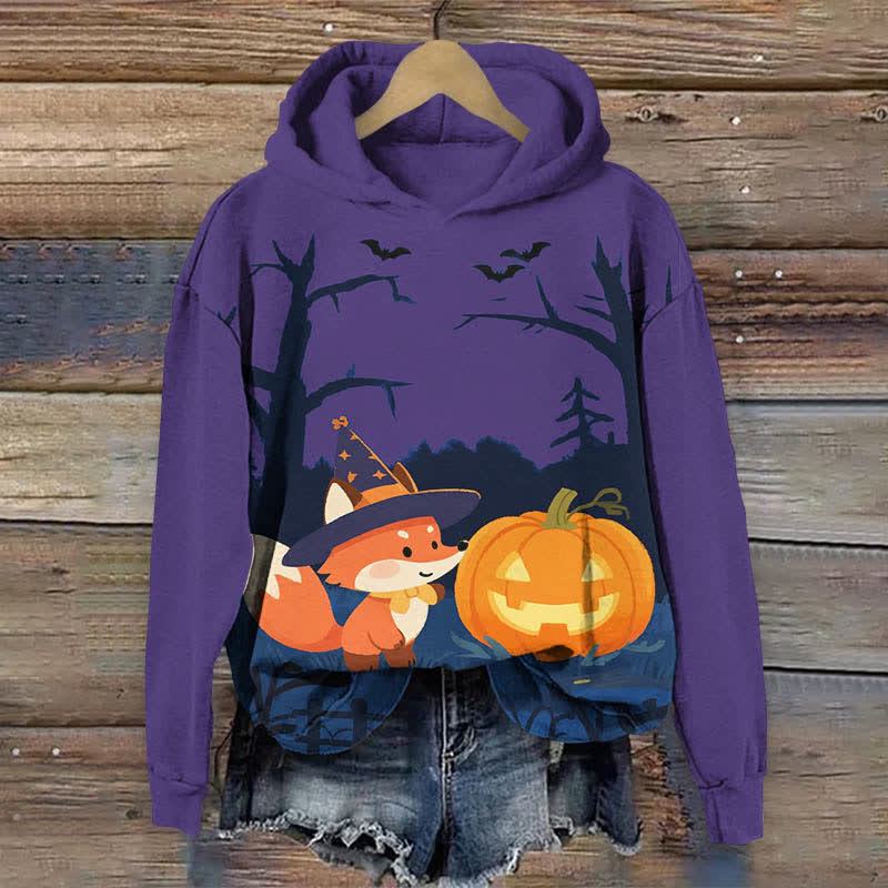 Halloween Night Cute Wizard Fox & Pumpkin Art Print Long Sleeve Hoodie - Purple - US44-46(8XL) - image 2