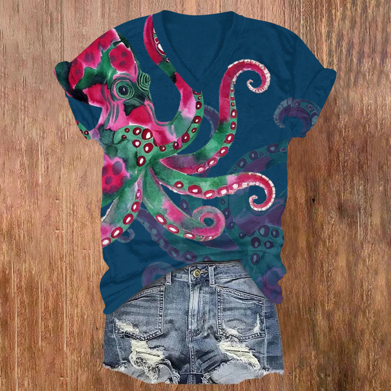 Watercolor Art Octopus Pattern Print Short Sleeved V-neck T-shirt - Dark Blue - US32-34(5XL) - image 5