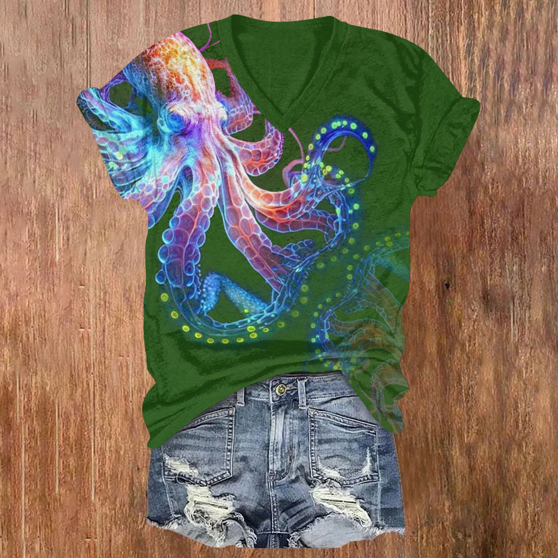 Vintage Technological Octopus Print V-neck T-shirt - Green - US32-34(5XL) - image 3