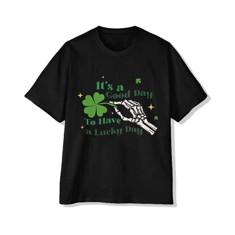 Unisex St. Patrick's Day Skeleton Hand Holding Four-leaf Clover Print Short Sleeved Crew Neck T-shirt - Black - 2XL - image 3