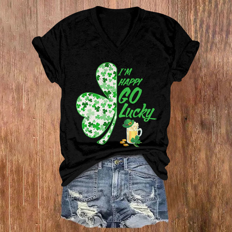 St. Patrick's Day I'm Happy Go Lucky Print Short Sleeved V-neck T-shirt - Black - US32-34(5XL) - image 3