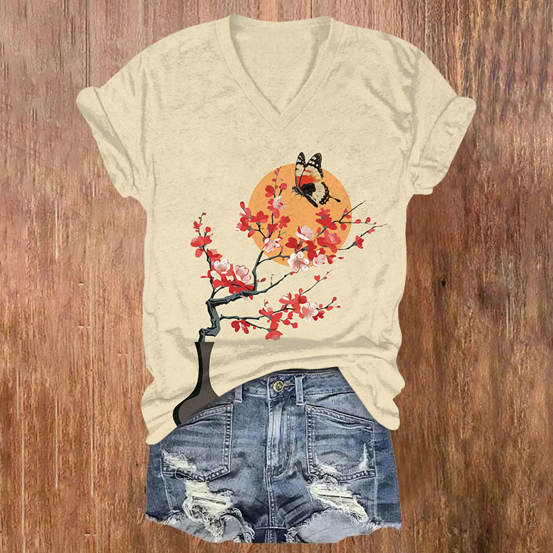 Japanese Vase Plum Blossom Sun Butterfly Print V-neck T-shirt - Apricot - US32-34(5XL) - image 3