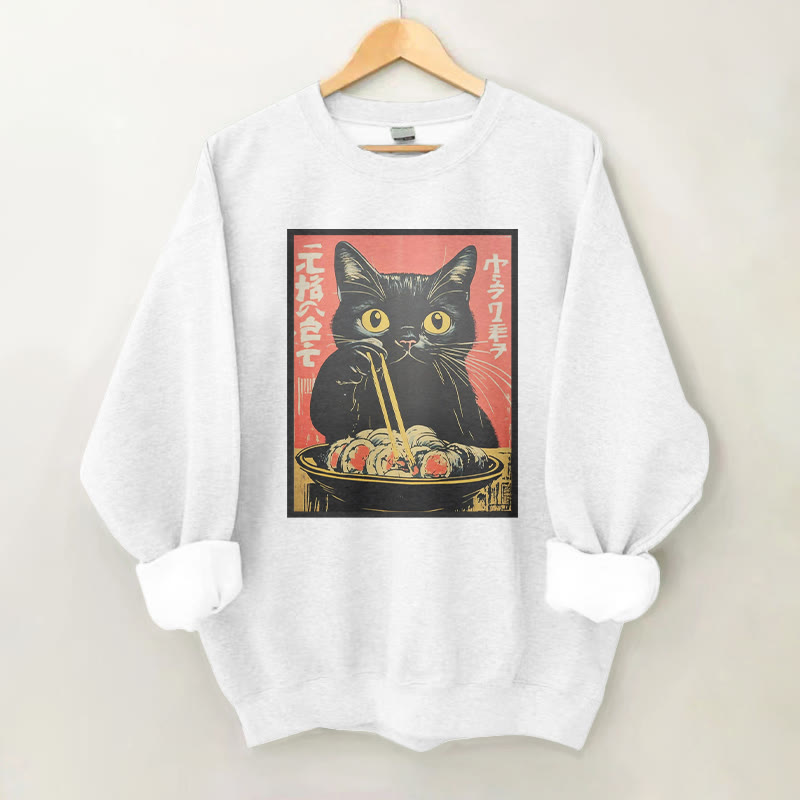 100% Cotton Funny Cat With Ramen Print Round Neck Casual Fleece Sweatshirt - White - 2XL - image 3