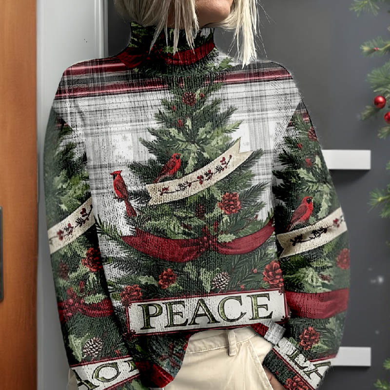 Women's Christmas Tree Gift ＆ Peace Pattern Print Turtleneck Pullover Sweater - image 2