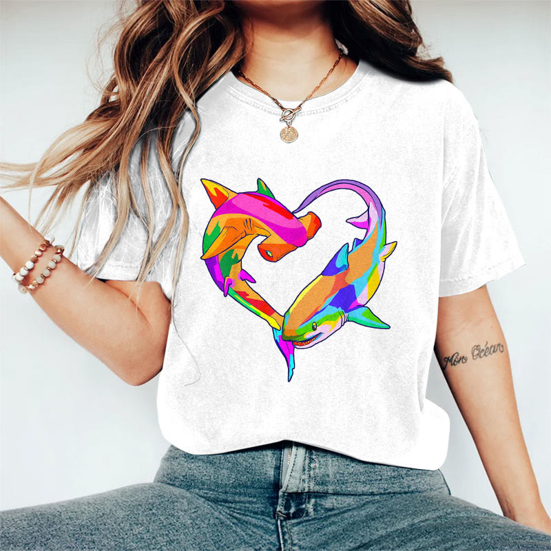 100% Cotton Valentine's Day Shark Heart T-shirt - White - 2XL - image 3