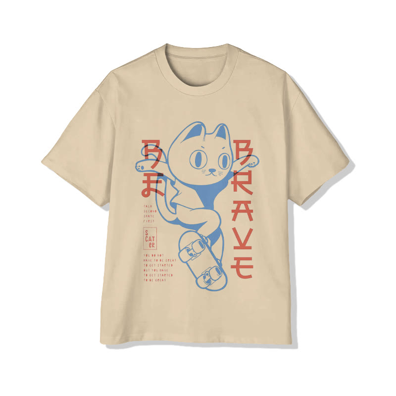 Unisex Funny Skateboarding Cat Print Short Sleeve Crew Neck T-Shirt - Apricot - 2XL - image 3