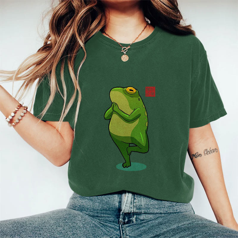100% Cotton Funny Frog Yoga Art Print Casual T-shirt - Green - 2XL - image 5
