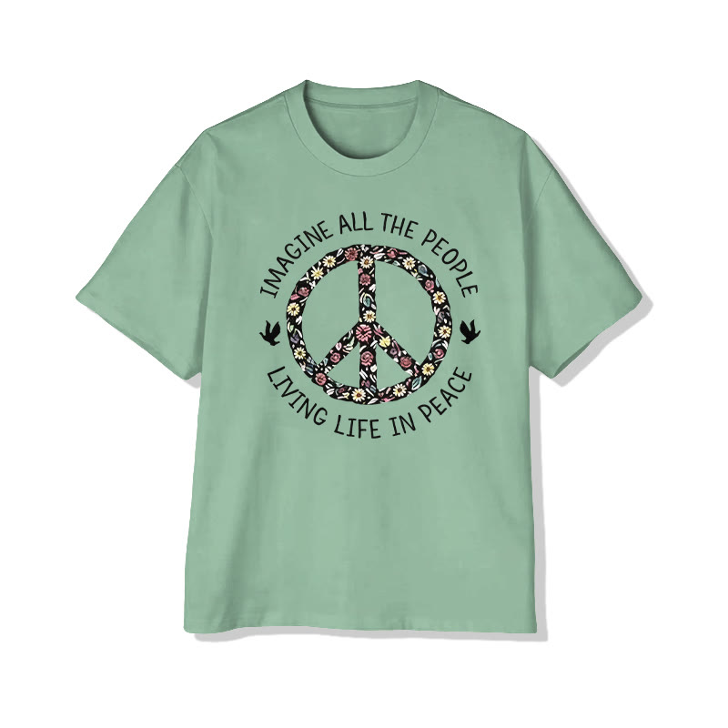 Unisex Imagine All The People Living Life In Peace Pattern Cotton Print T-shirt - Light Green - US20-22(3XL) - image 11