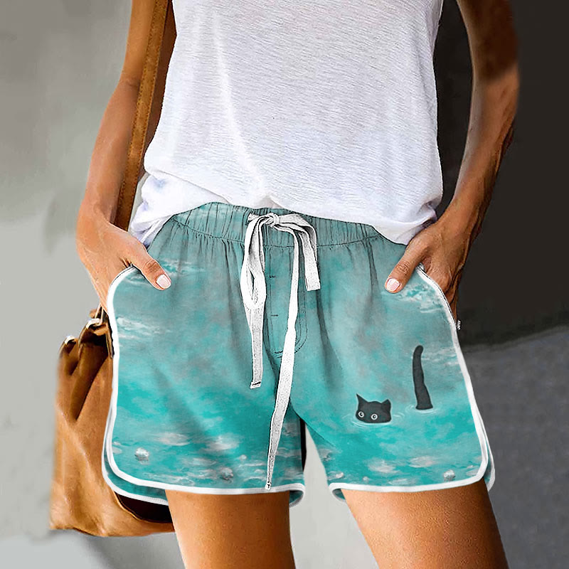 Women's Oil Painting Cat Print Drawstring Pocket Shorts - Light Blue - 5XL - image 4