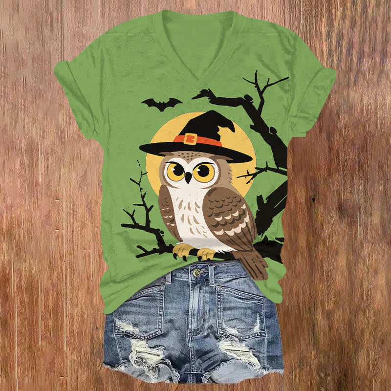 Halloween Cute Wizard Owl Art Print V-neck T-shirt - Green - US32-34(5XL) - image 4