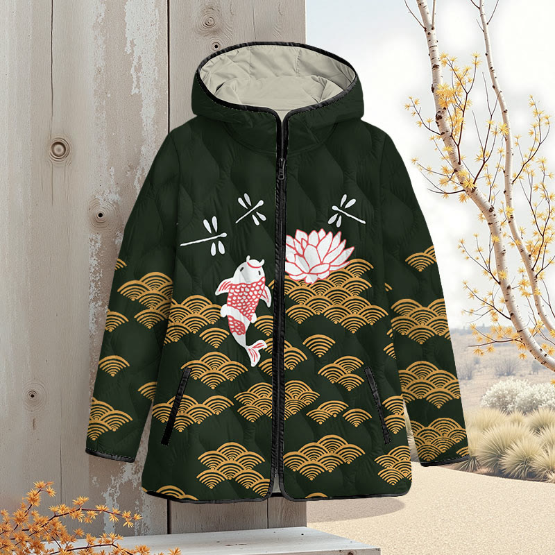 Japanese Style Koi Fish Dragonfly Wave Art Print Zipper Jackets - Dark Green - 4XL - image 7
