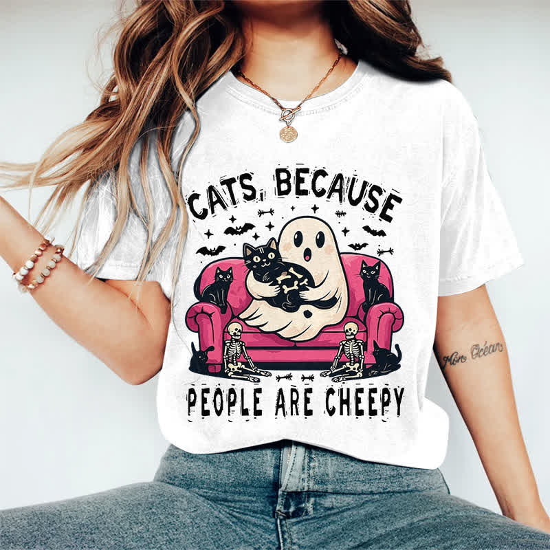 100% Cotton Halloween Ghost Holding Cat Print T-shirt - White - 2XL - image 4