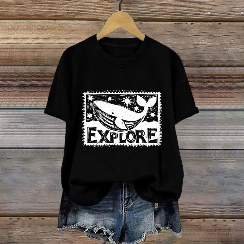 Dashingsoul 100% Cotton Whale Lino Art Print T-shirt
