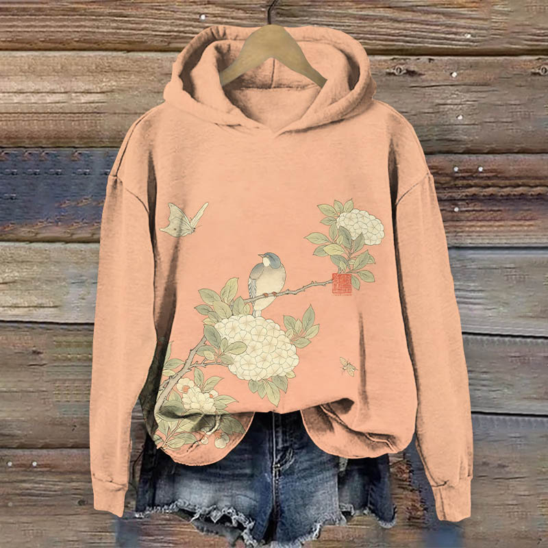 Chinese Painting Flower& Bird Pattern Art Print Long Sleeve Hoodie - Orange - US44-46(8XL) - image 3