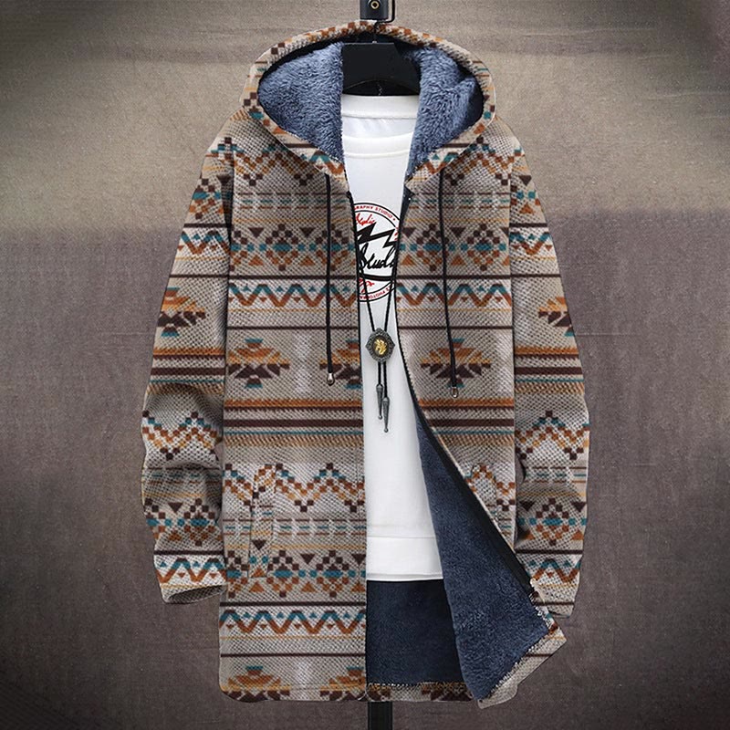 Retro Ethnic Geometry Pattern Print Unisex Plush Thick Long-sleeved Fleece Jacket Coat - image 2