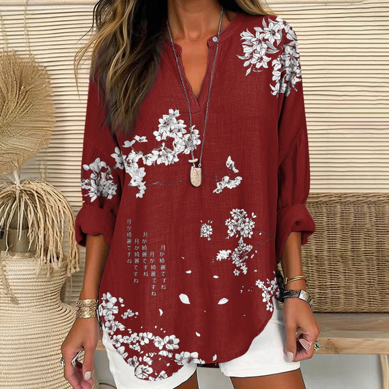 Japanese Lilies And Cherry Blossoms Print Pattern V Neck Long Sleeve Blouse - Red - 8XL - image 4