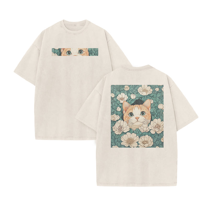 A Black Cat Hidden Among Clusters Of White Flowers Print Acid Washed T-shirt - Beige - US20-22(3XL) - image 3