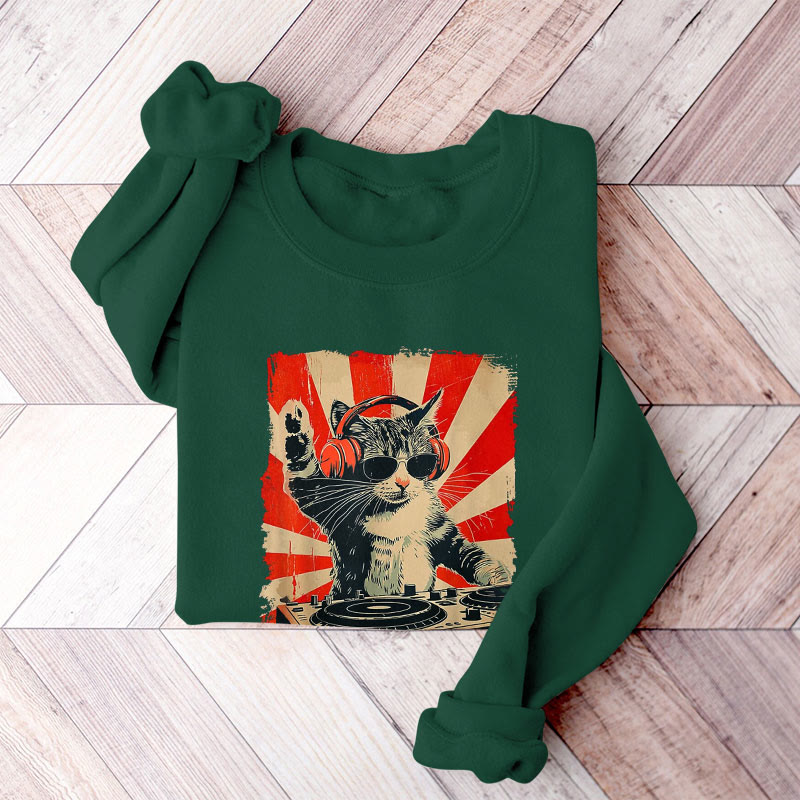 100% Cotton Dj Cat Print Round Neck Casual Fleece Sweatshirt - Green - 2XL - image 4