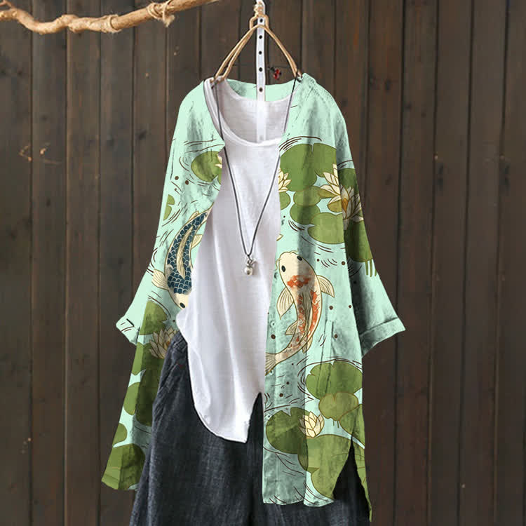  Japanese Koi In The Lotus Pond Pattern Print Cardigan - image 8