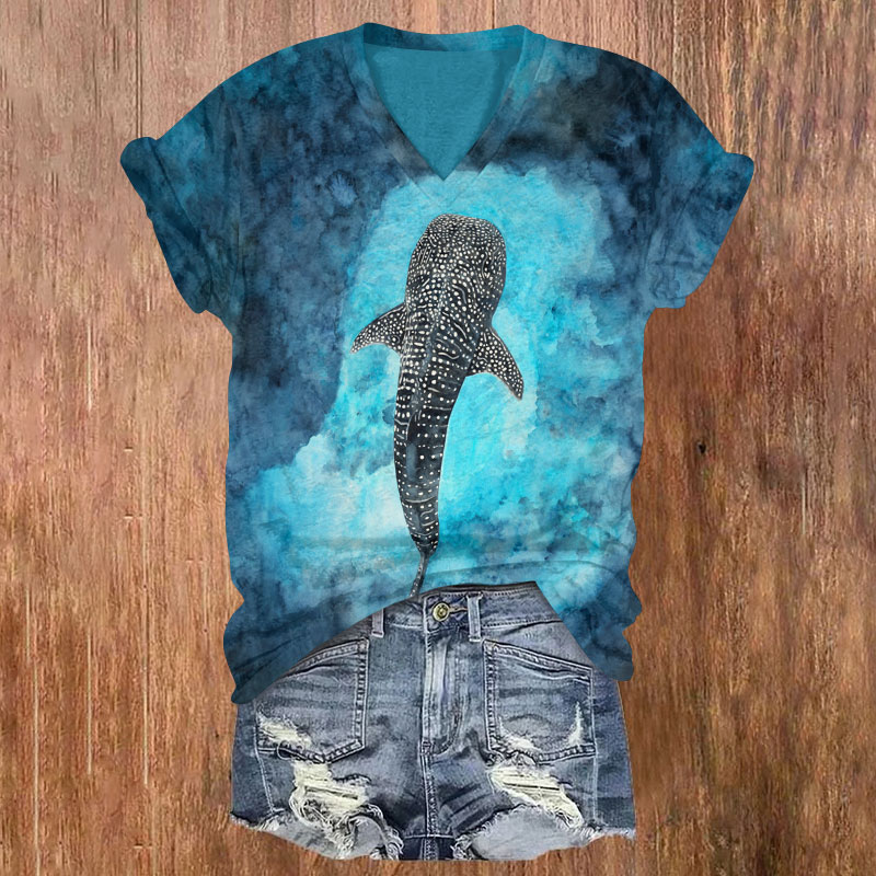 Ocean Whale Shark Print T-shirt - Blue - 5XL - image 1