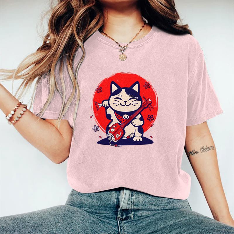 100% Cotton Women's Japanese Lucky Cat Art Print Casual T-shirt - Pink - 2XL - image 2