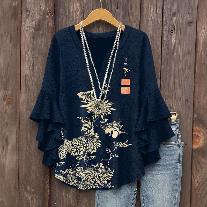 Vintage Chrysanthemum Print V-neck Half Sleeve Blouse - Dark Blue - 5XL - image 5