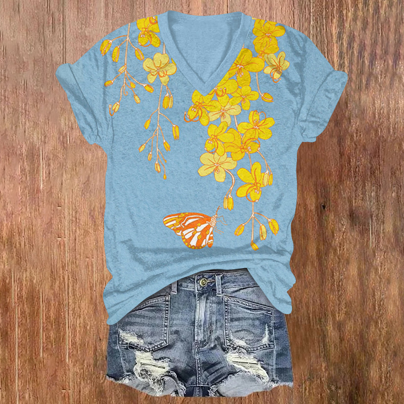 Lovely Yellow Flowers Art Print Short Sleeved V-neck T-shirt - Blue - US32-34(5XL) - image 1
