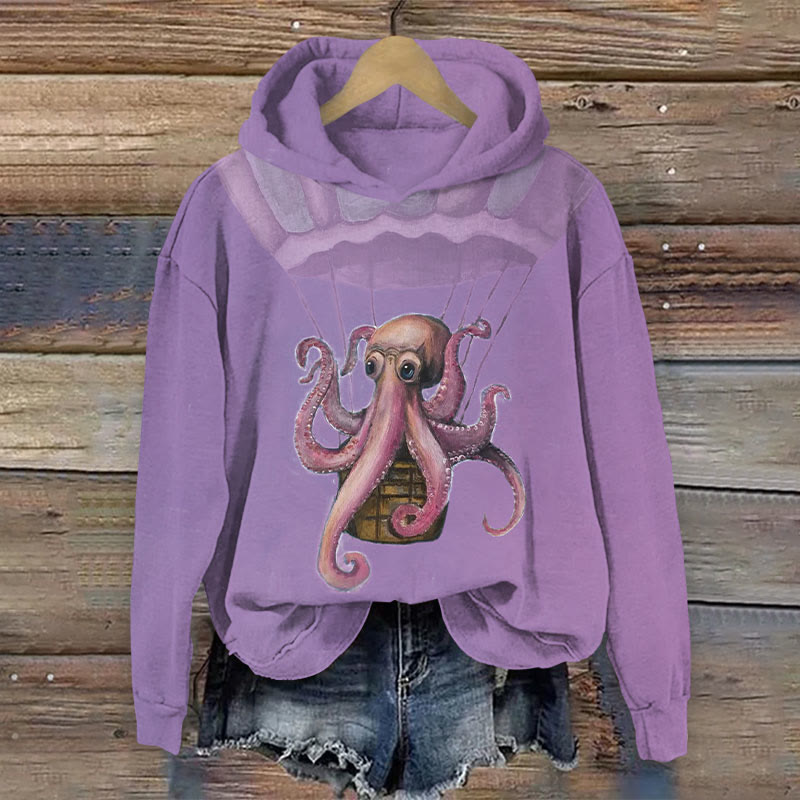 Fun Octopus Riding A Hot Air Balloon Print Long Sleeve Hoodie - Purple - US44-46(8XL) - image 3