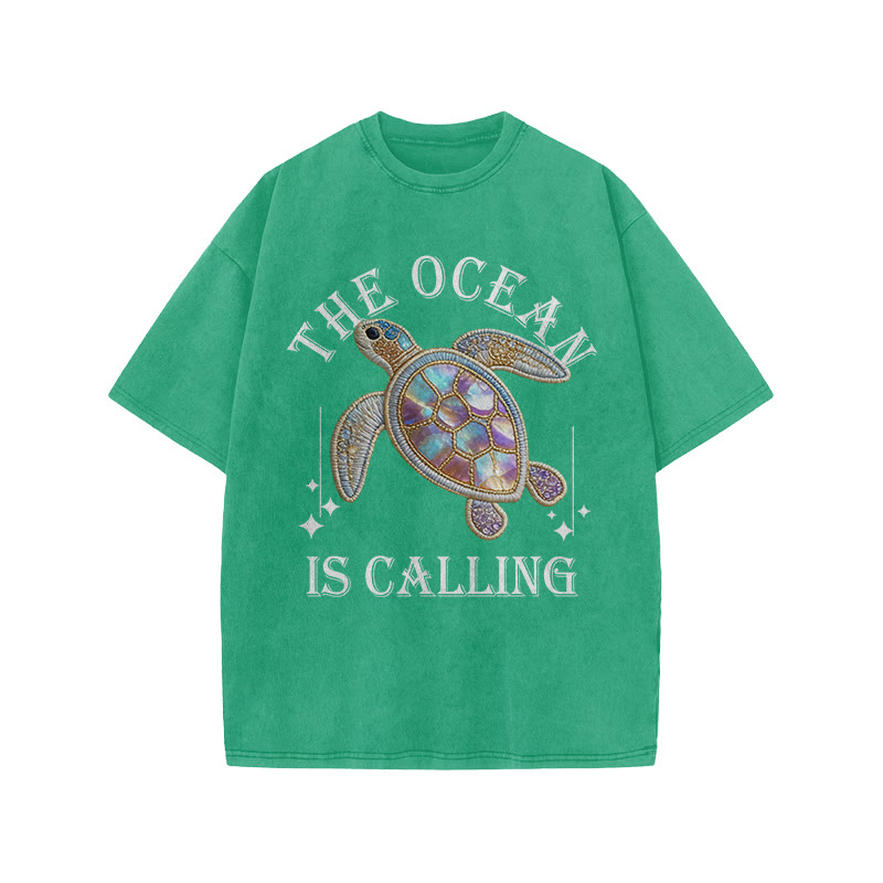The Ocean Is Calling Sea Turtle Print Acid Washed T-shirt - Green - US20-22(3XL) - image 6
