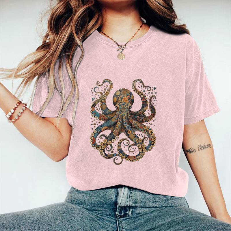100% Cotton Vintage Flower Patterns Floral Octopus T-shirt - Pink - 2XL - image 7