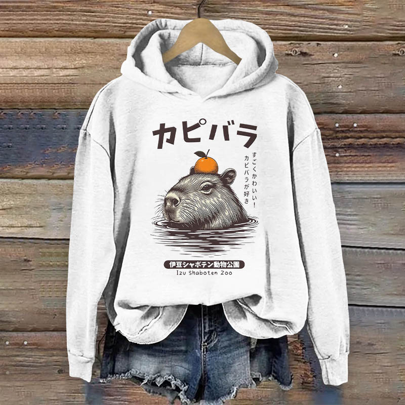 Capybara Hot Spring Print Long Sleeve Hoodie - White - 8XL - image 1