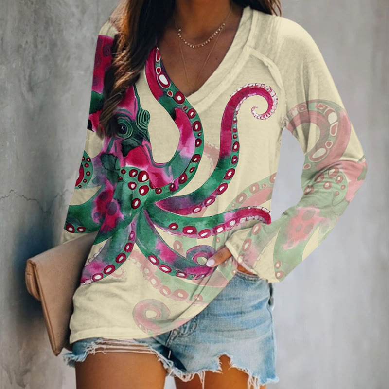 Watercolor Art Octopus Pattern Print V-neck Long Sleeve T-shirt - Apricot - 5XL - image 3