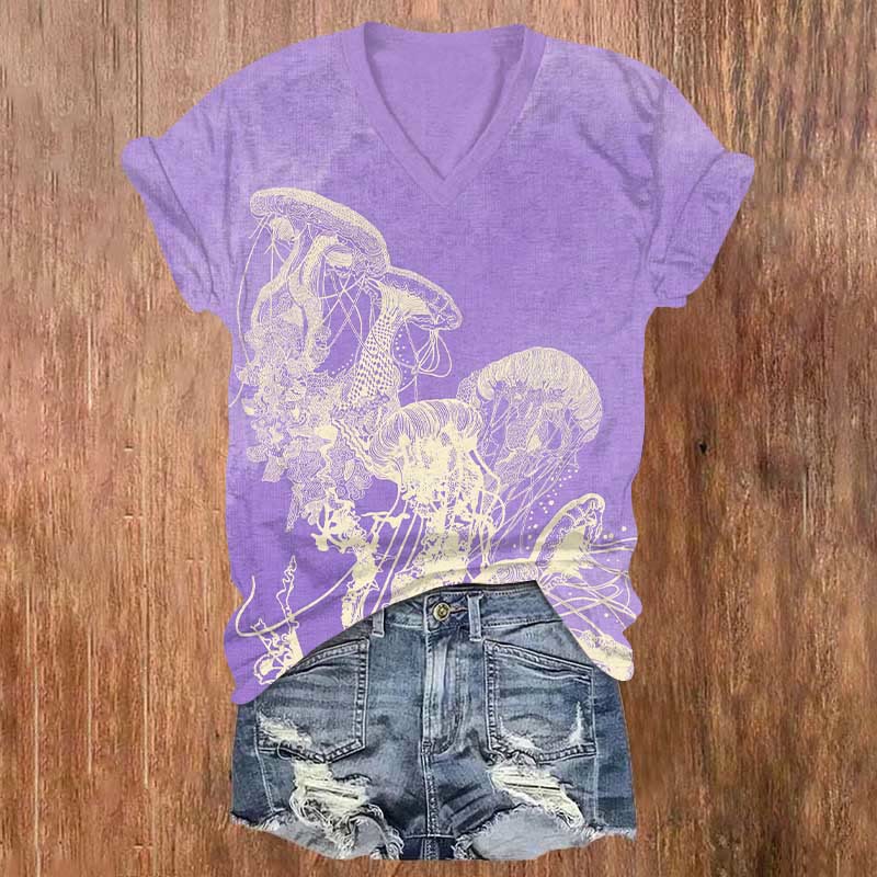 Ocean Inspired Style Neon Jellyfish Print V-neck T-shirt - Light Purple - US32-34(5XL) - image 3