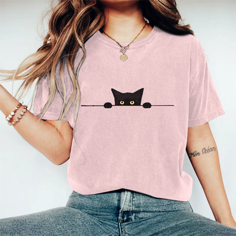 100% Cotton Women's Casual Black Cat Print Casual T-shirt - Pink - 2XL - image 6