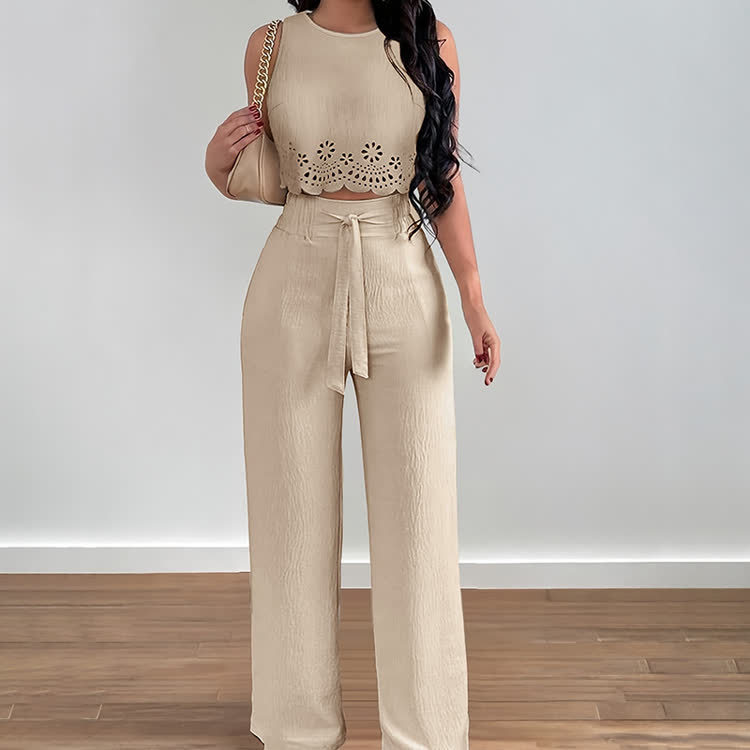 Elegant Solid Burnout Cutwork Round-neck Sleeveless Top & Lacing Pants Set - image 3