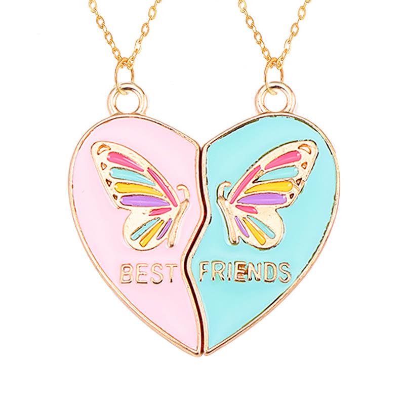 BFF Rainbow Butterfly Magnet Attraction Heart Stitching Necklace Set - Pink+Blue Butterfly - one size - image 7