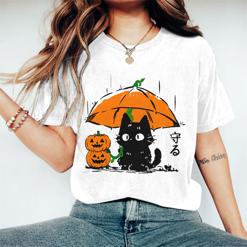 100% Cotton Women's Halloween Black Cat Holding Pumpkin Umbrella Art Print Casual T-shirt - White - 2XL - image 2