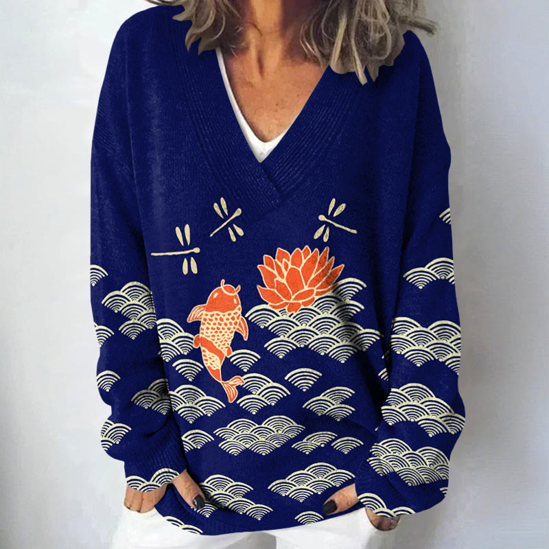 Japanese Style Koi Fish Dragonfly Wave Art Print Causal V-neck Pullover Sweater - Dark Blue - 4XL - image 5