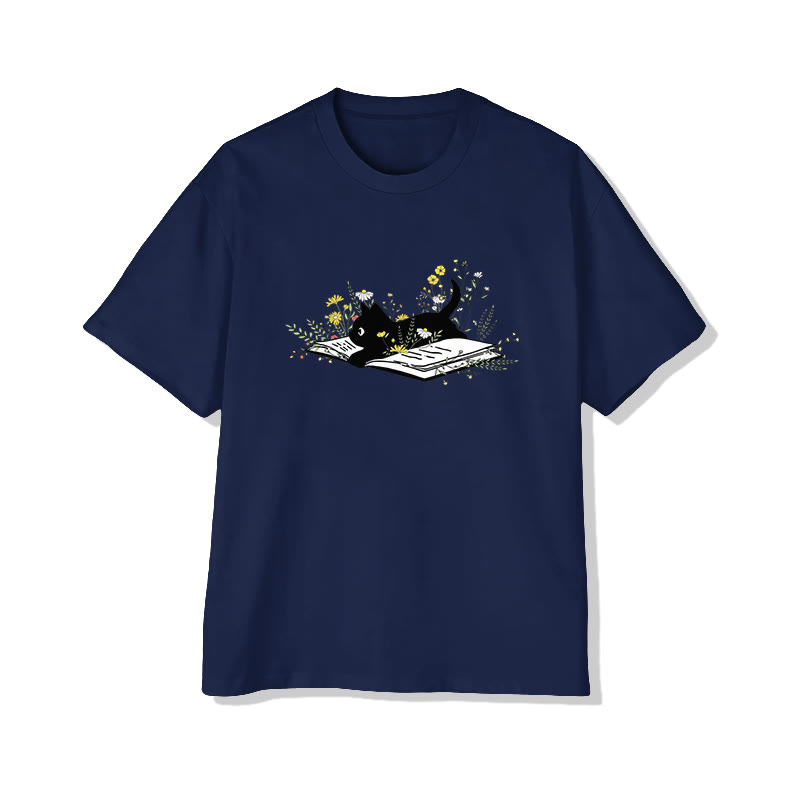 Black Cat Book And Wildflowers Print Pattern Cotton Print T-shirt - Navy Blue - US16-18(2XL) - image 6