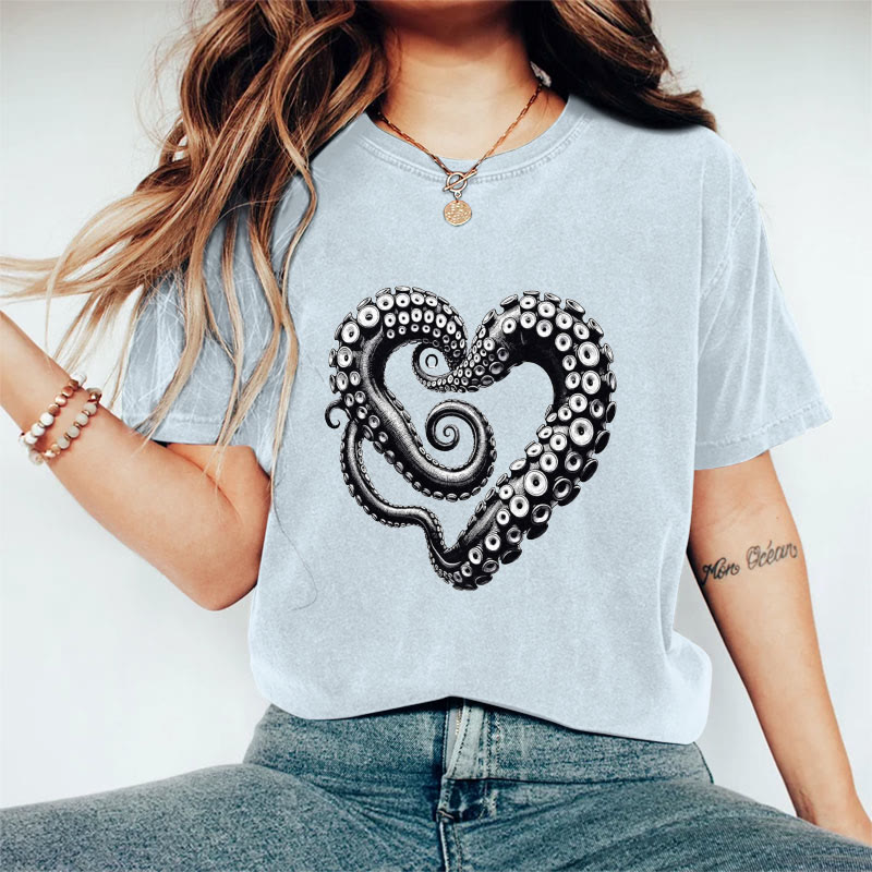 100% Cotton Valentine's Day Abstract Octopus Love Heart T-shirt - Blue - 2XL - image 8